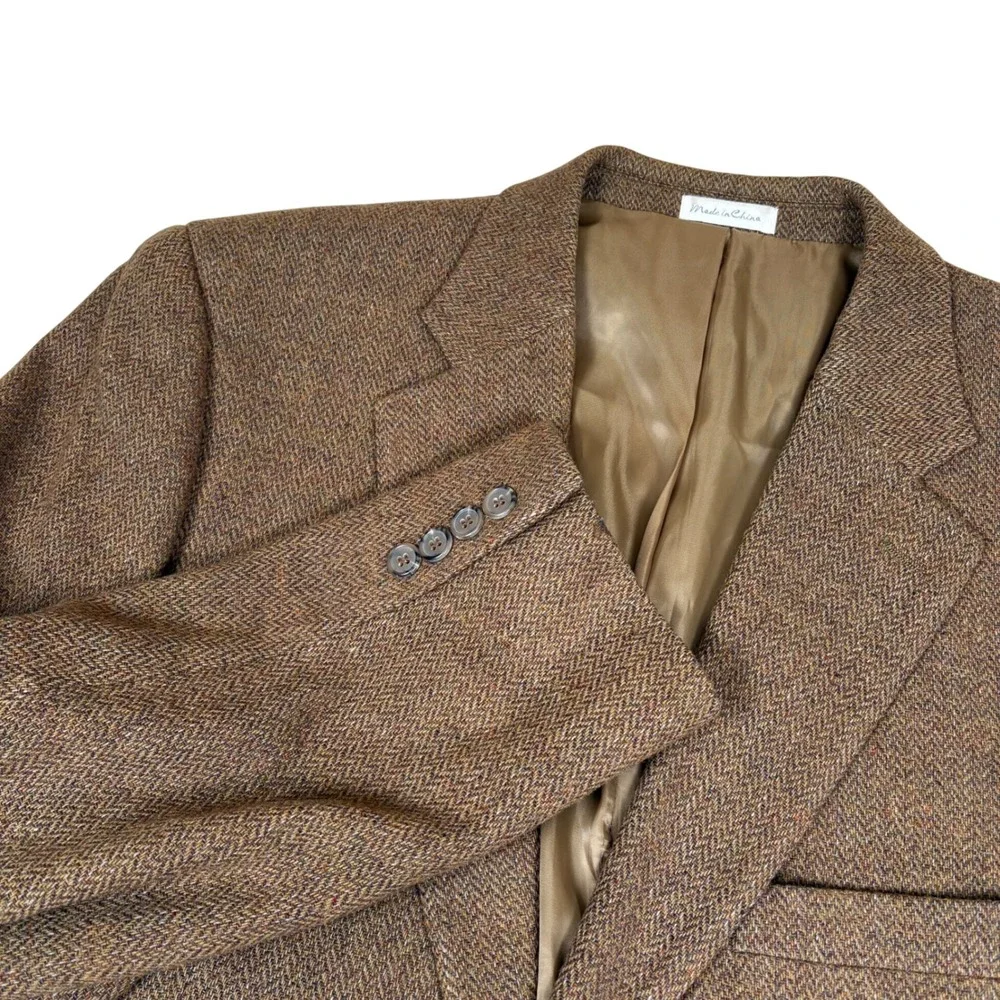 Vtg Oleg Cassini Men Blazer Brown Herringbone Tweed Wool 2 Button Sport Coat 44L